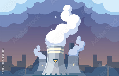 Industrial smoke clouds on city landscap, nuclear reactor environmental pollution
