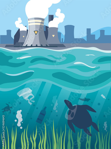 Industrial smoke clouds on city landscap, nuclear reactor environmental pollution