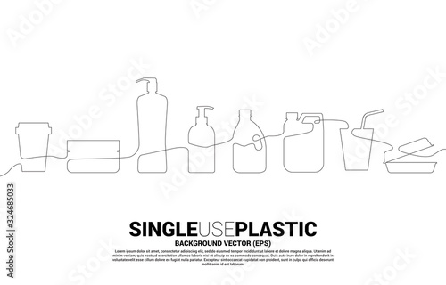 Single line display single use plastic icon. Silhouette of plastic Bottle, bag , cup, spoon, fork, knife.