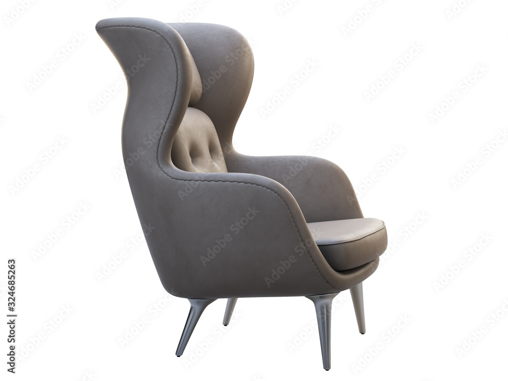 Mid-century gray leather wing chair. 3d render. Mid-century gray leather wing chair. 3d render.