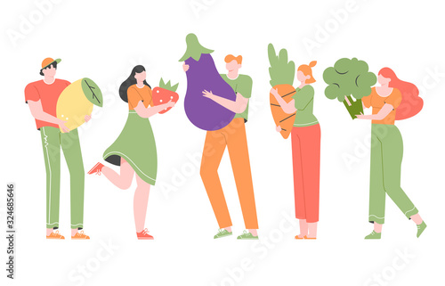 Group of people holds giant vegetables and fruits. Lemon, Strawberry, Eggplant, Carrot, Broccoli. Gardening and farming. Growing food home. Eco life style. Vector flat illustration.