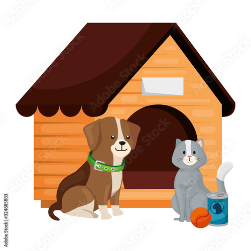 cute dog and cat with wooden house isolated icon vector illustration design