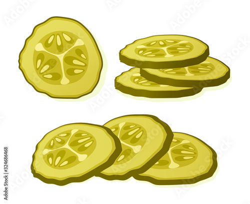 Pickled cucumber slice isolated on white background. Marinated pickled cucumber isolated. Vector Illustration.