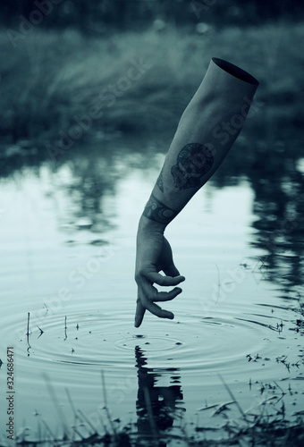 Disembodied arm floats over pond and points into water