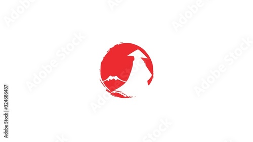 japan vector logo samurai look Fuji Mountain. ninja silhouette in front of flag