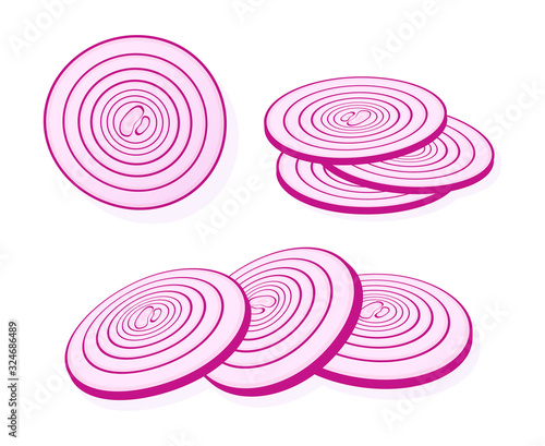 Sliced red onion isolated on white background. Rings of red onion. Vector Illustration.