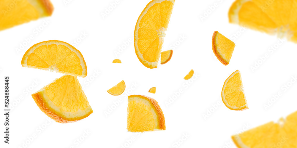 Fototapeta premium Sliced fruit falling background. Orange citrus tangerine flight in air with clipping path.