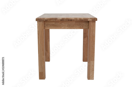 Wooden table made of oak furniture board. Kitchen dining table, on white background.