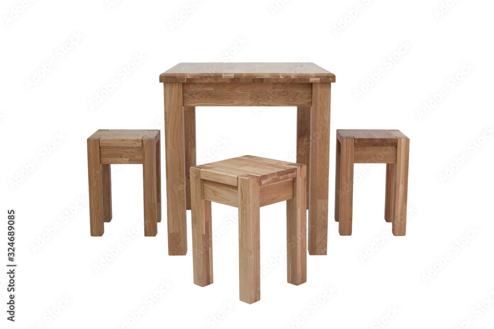 Table and three chairs for kitchen, isolated on white background, front view. Furniture made of natural wood. Table and three chairs for kitchen, isolated on white background, front view. Furniture made of natural wood.