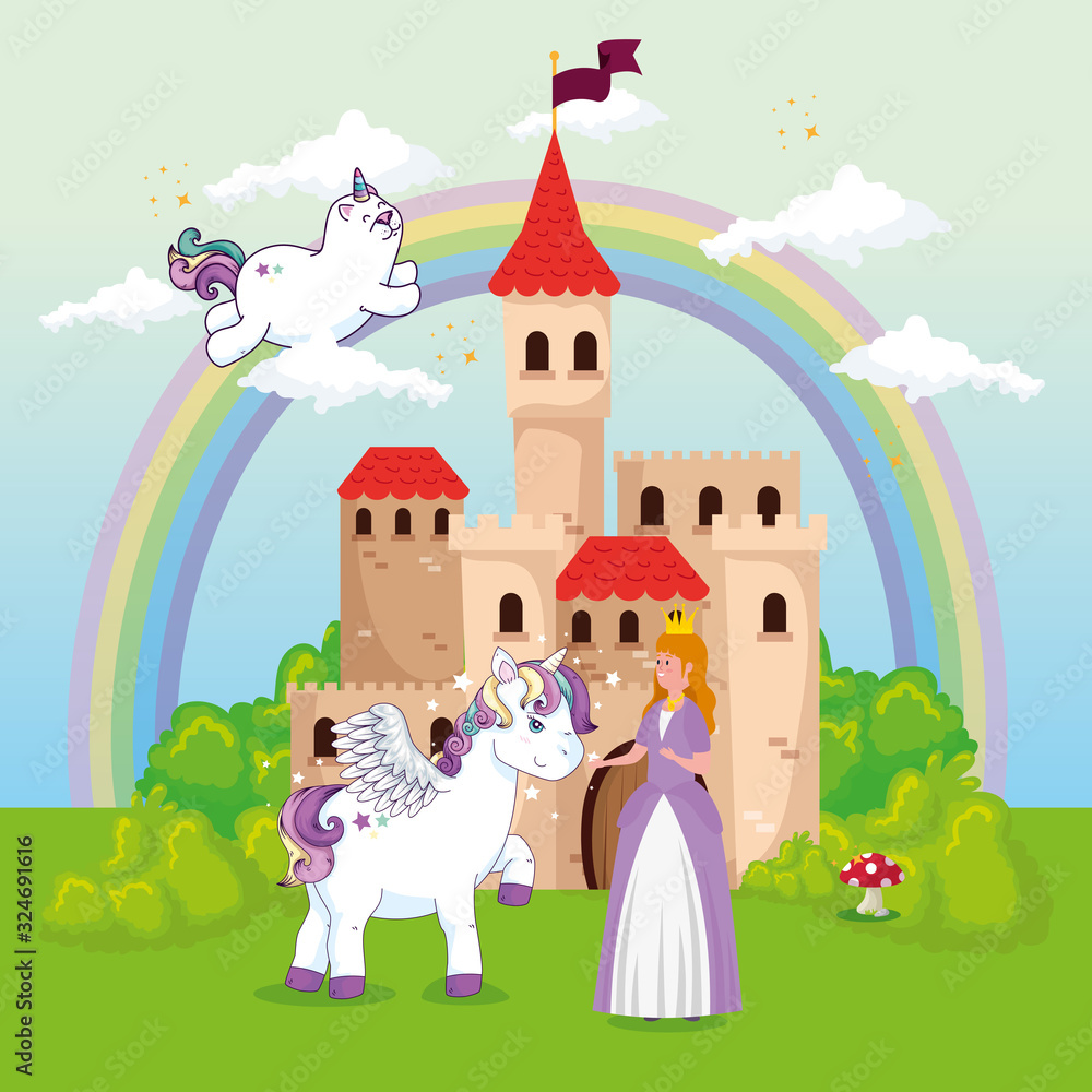 Naklejka premium cute unicorns with princess in fantasy landscape vector illustration design