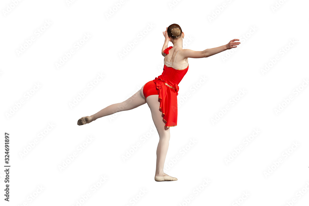 Girl ballerina performs a movement. The girl in the dance. Choreography class. Red dress. Dancer's clothes. Dress and tights. Frame from the back. Graceful dance movement.
