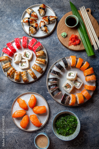 Sushi and rolls sets. Japonese food. top view