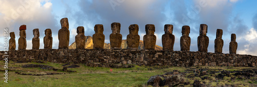 Easter island landscape. Ahu Tongariki. Panoramic view Papa nui