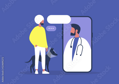 Veterinary doctor appointment, Millennial indian male patient with a dog on  an online consultation, Modern healthcare technologies