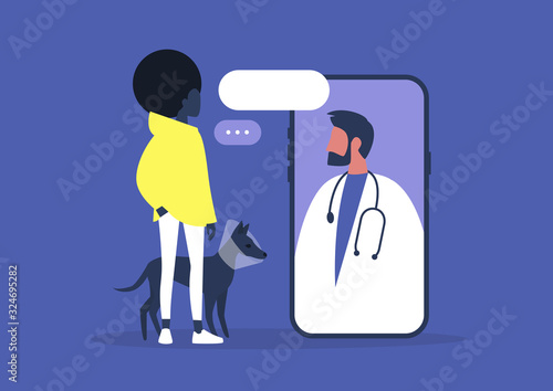 Veterinary doctor appointment, Millennial black female owner with a dog on  an online consultation, Modern healthcare technologies