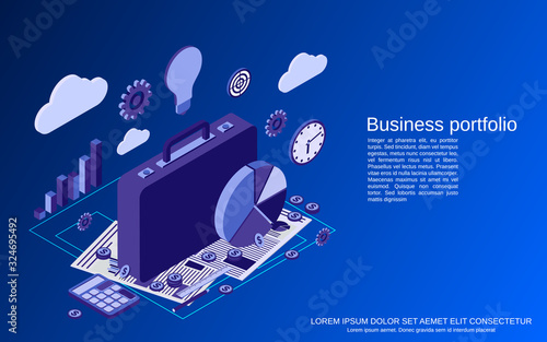 Business portfolio, financial statistics, analysis, management flat 3d isometric vector concept illustration