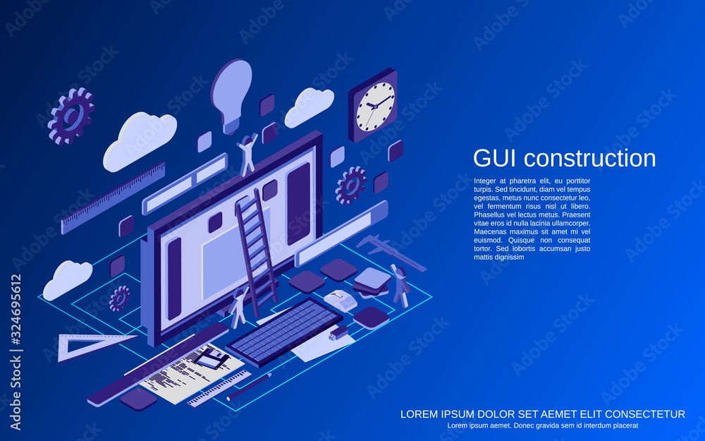 Obraz premium Graphic user interface construction, application development, website design flat isometric vector concept illustration