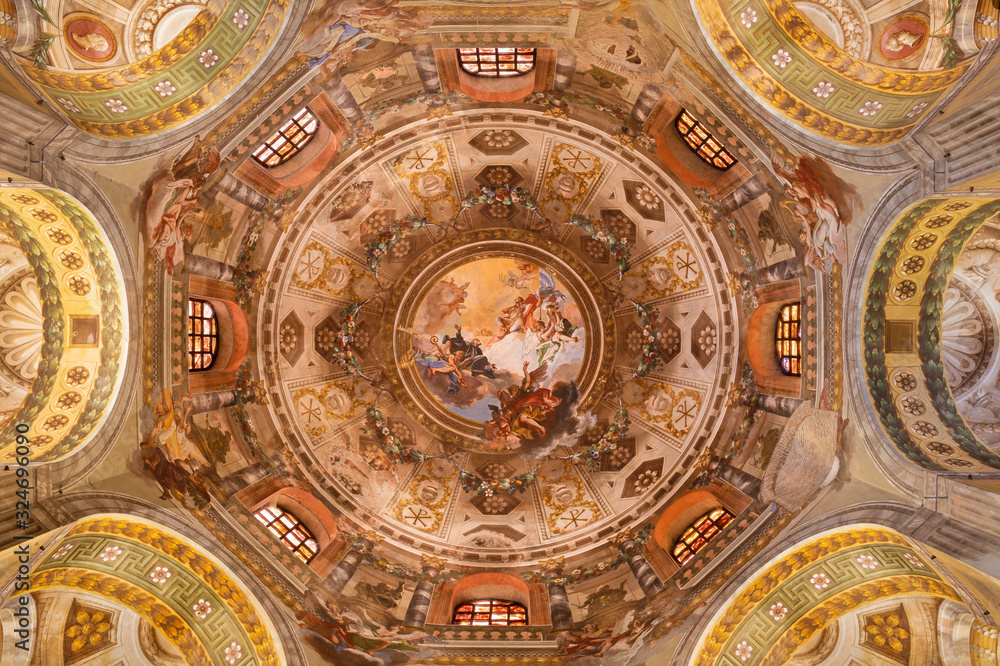 RAVENNA, ITALY - JANUARY 28, 2020: The baroque cupola of church Basilica di San Vitale by S. Barozzi, U. Gandolfi and E. Guarana (1778 - 1782).