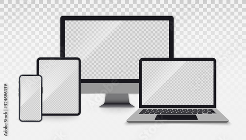 Set of Realistic monitor, laptop, tablet, smartphone. Set of Devices with empty screens. Electronic gadgets laptop, tablet computer, monitor and mobile phone on transparent screen
