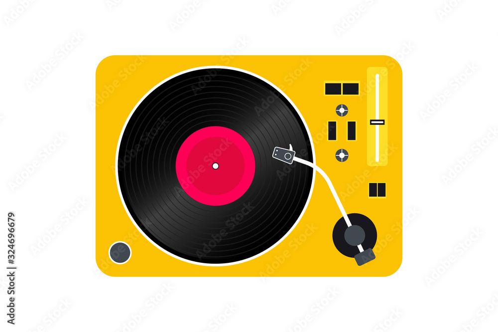 Vinyl Record player. Player for vinyl record. Retro design. Front view. Vinyl record disc