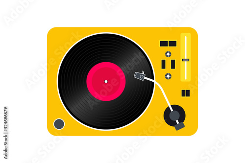 Vinyl Record player. Player for vinyl record. Retro design. Front view. Vinyl record disc