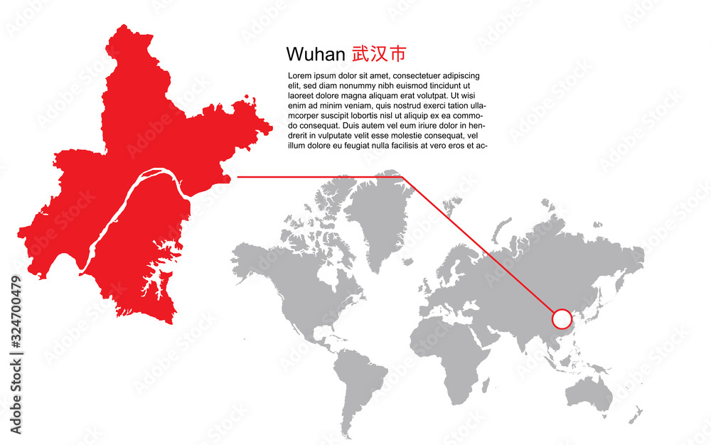 Map red color of Wuhan effect to allow the world. Chinese text translate to Wuhan. Spread of the virus.