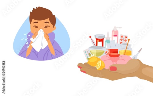 Influenza treatment concept and sick boy with handkerchief in hand and medicine for flu in human hand cartoon vector illustration. Season cold influenza medical home treatment for desease and fever.