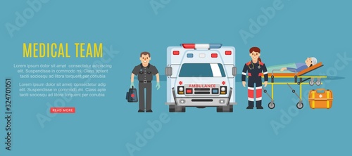 Medical team ambulance, doctors paramedics emergency service with patient disease vector illustration. Medics people doctors team and patient near ambulance car, healthcare emergence medicine.