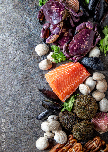 PACIFIC SEAFOOD. Fresh salmon, crabs ostions clams mussels, seaweed cochayuyo, sea urchins. Food background with copy space photo