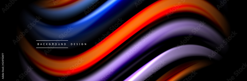Fototapeta premium Silk and smooth flow wave poster design. Color waves, liquid style lines and shapes in black color background