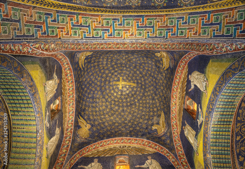 RAVENNA, ITALY - JANUARY 28, 2020: The mosaics in the early christian Mausoleum - Mausoleo di Galla Placidia from the 5. cent.