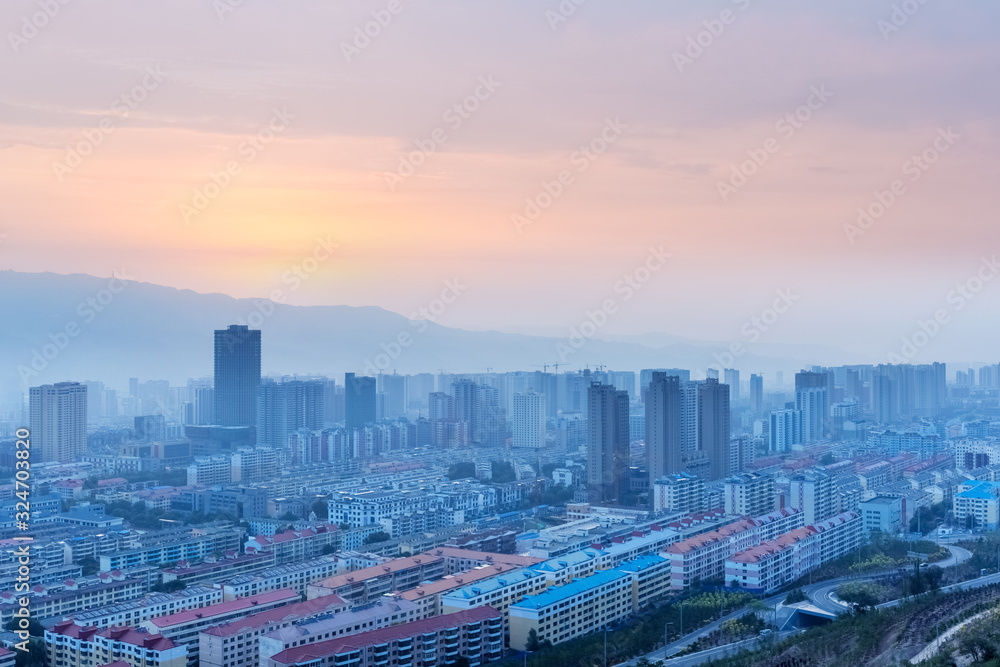 aerial view of xining cityscape in sunrise