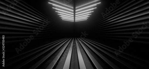 Fototapeta Naklejka Na Ścianę i Meble -  Dark corridor with white neon lights on a black background. 3d rendering image.