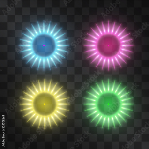 Vector natural gas light effect set, burning neon flames of stove ment to cook or to show resource spending. Cooking kitchen with combustible propane, butane or other gaseous flammables. Energy icon.