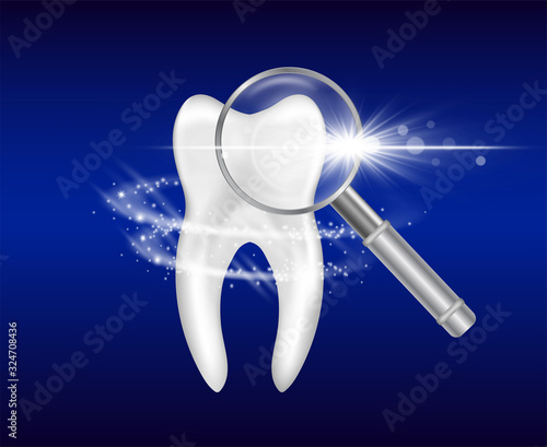 Dentist ads offer for tooth whitening, caries healing. Vector poster decor with white shining swirls and 3d magnifying glass. Professional treatment concept. Advanced medical approach, guarantee.
