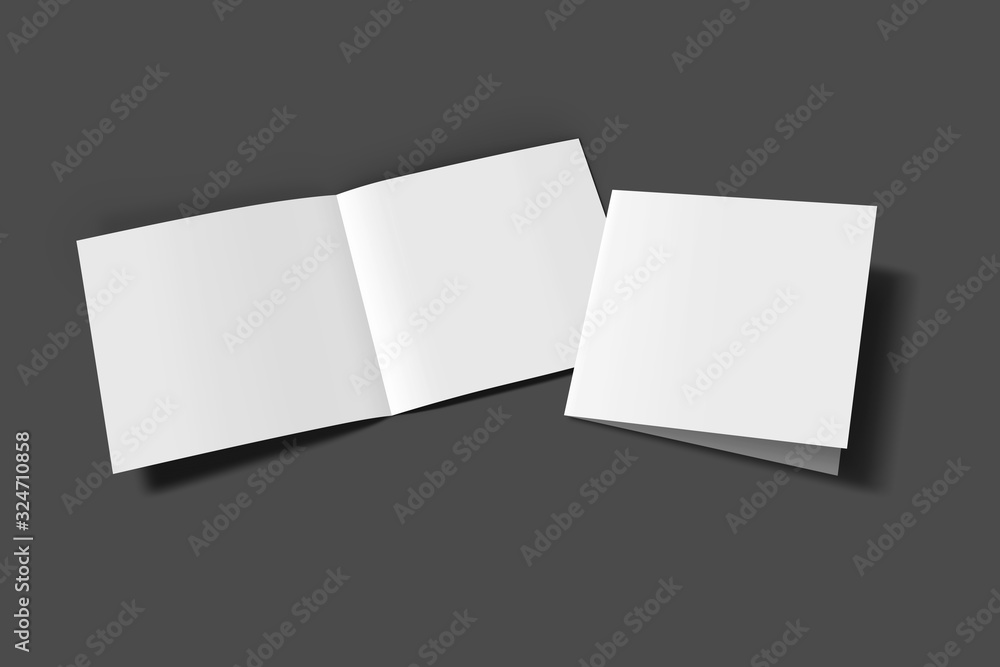 Square size booklet half fold blank opened and closed 3D illustration ...