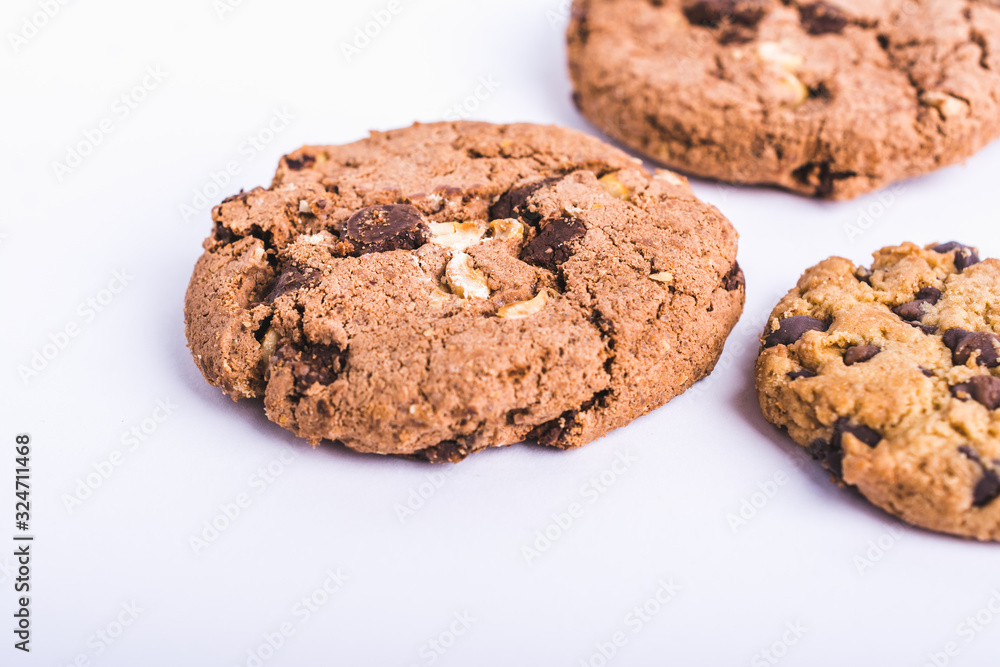 Homemade sweet chocolate chip cookies isolated on white background