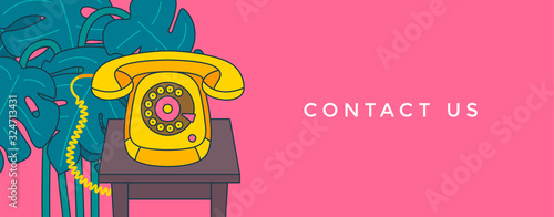 Contact us banner. Communication and customer service concept. Vintage phone on a table and Monstera plant in background. Vector illustration.