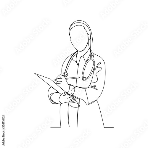 Continuous line drawing of woman doctor holding patient paper document. Vector illustration.