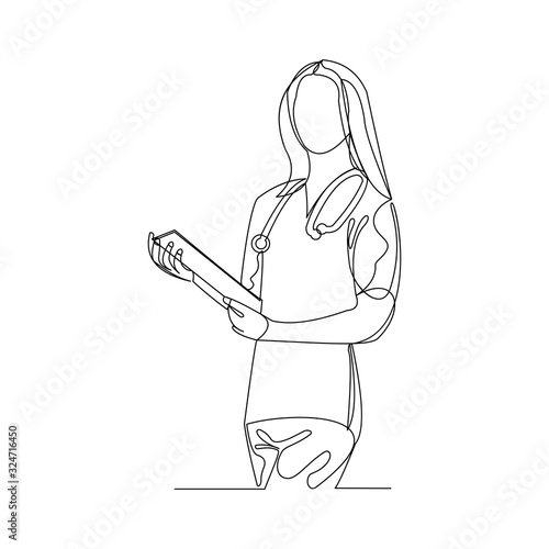 Continuous line drawing of woman doctor holding patient paper document. Vector illustration.
