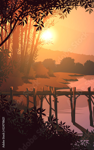 Wooden port at the edge of the marsh Natural forest mountains horizon trees Landscape wallpaper Sunrise and sunset Illustration vector style Colorful view background