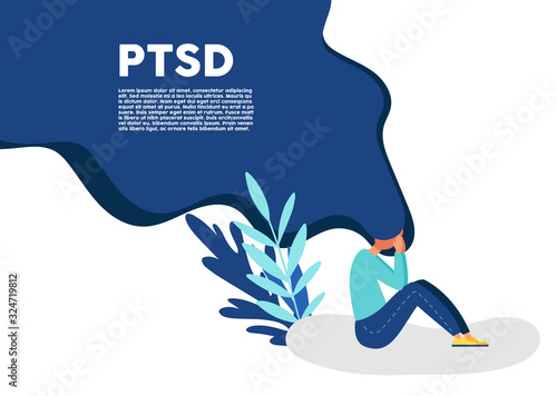 Post traumatic stress disorder. Depressed woman crying. .Vector illustration.