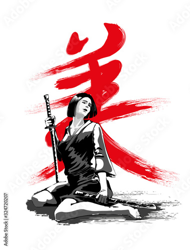 Woman with a samurai sword on a background of a red symbol. Vector illustration. The meaning of the hieroglyph is Beauty.