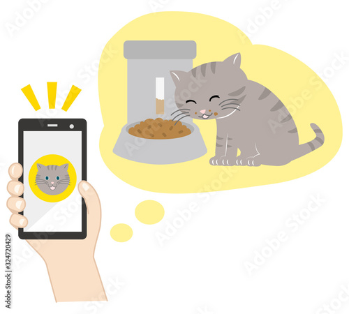 自動給餌器で餌を食べる猫とスマホ