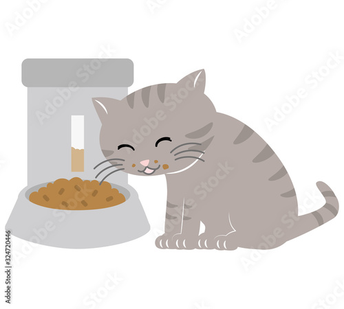 自動給餌器で餌を食べる猫