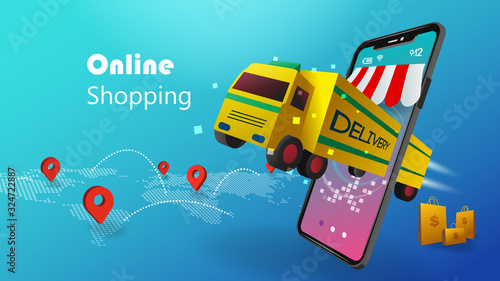 Shopping Online concept with 3D mobile phone and delivery truck on blue background with world map location pin and network path. E-commerce and business logistic financial. Vector illustration graphic