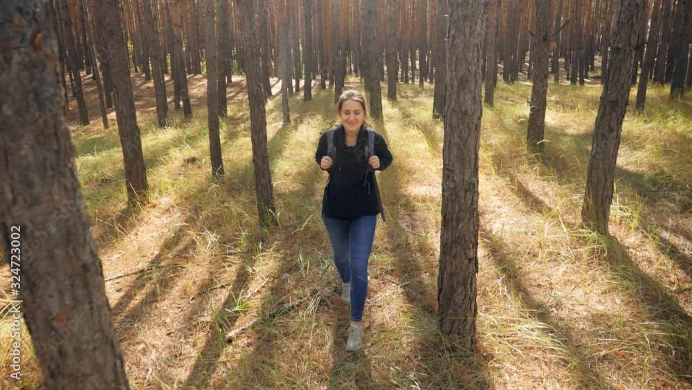Aerial 4k video of camera flying in front of young female hiker walking and hiking in the forest and looking on high trees Aerial 4k video of camera flying in front of young female hiker walking and hiking in the forest and looking on high trees