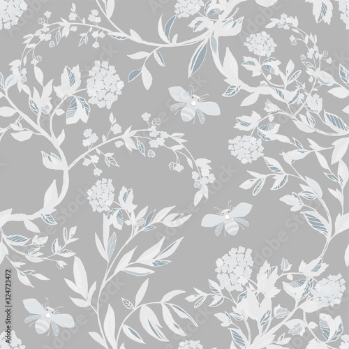 Branches of flowering trees vector illustration. Seamless pattern with bees, twigs, leaves and flowers