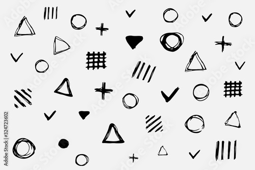 Simple geometric shapes drawn in pencil by hand. Different kinds of shapes. Black white sketch triangles, circles and lattice. Vector eps illustration.