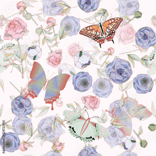 Butterfly and leaves, stems and inflorescences of peonies and roses vector illustration. Picture with pink, blue and white flowers on aquamarine background. Endless pattern. EPS10